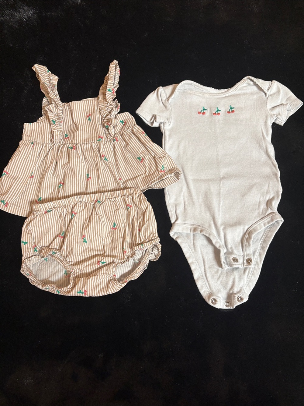 Unbranded Cream & Tan Cherry Stripe Baby One-Piece Set